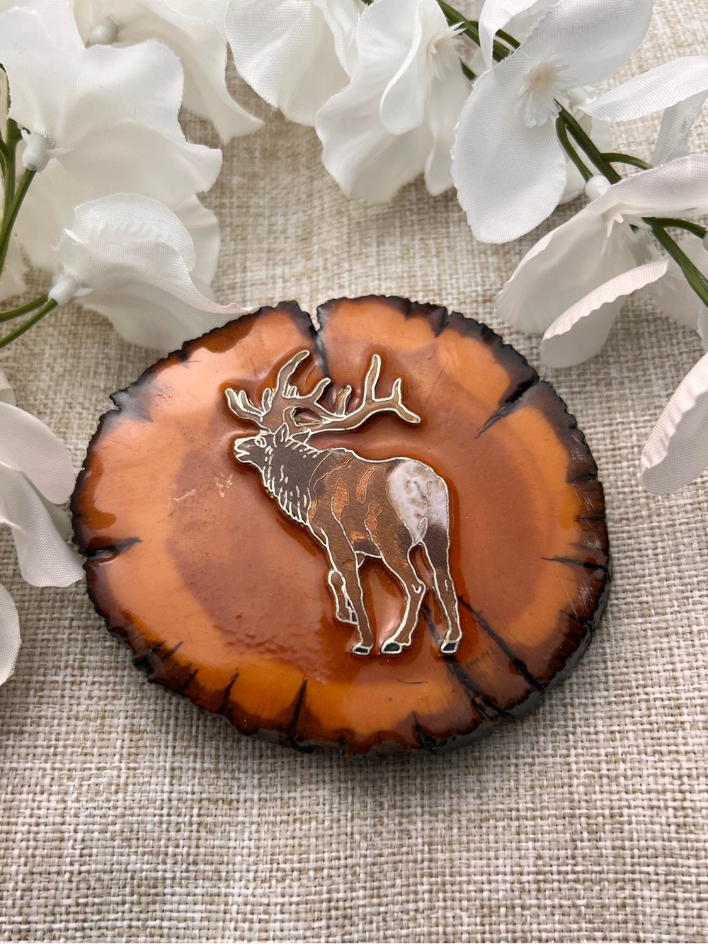 VINTAGE Belt Buckle | Rustic Enamel Wooden Oval Buckle with Elk Inlay